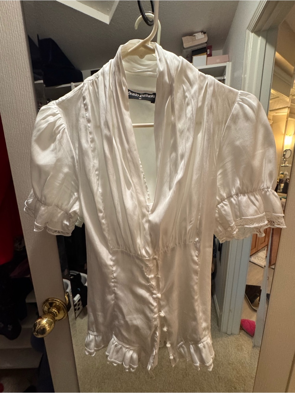 White Satin Button-Front Puff Sleeve Blouse
